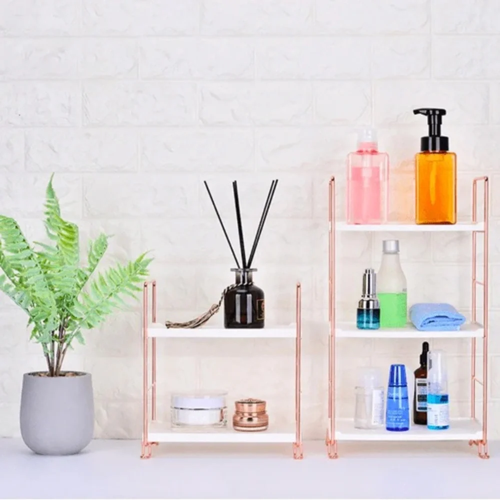 Desktop Cosmetics Storage Rack Rose Gold Bathroom Storage Shelves (3-LAYERS)